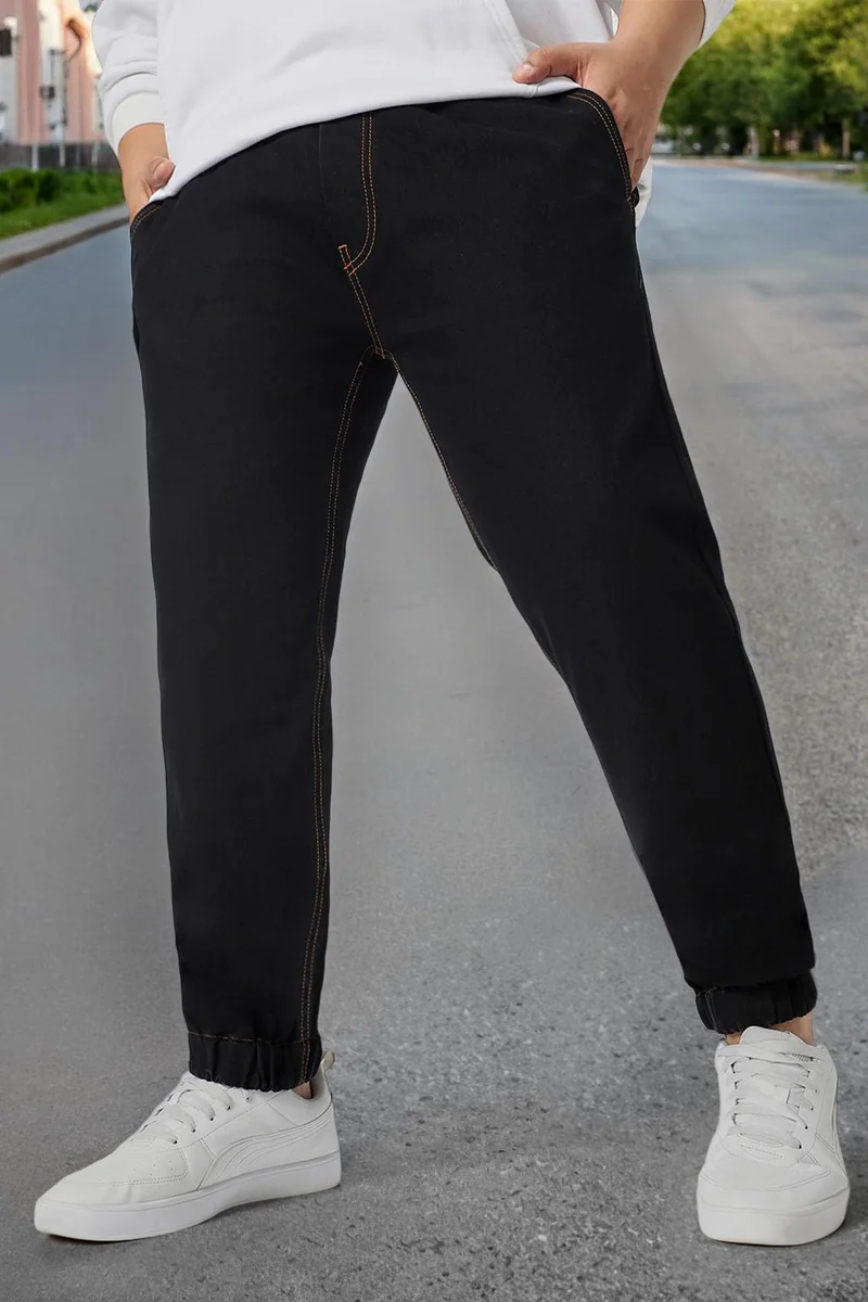 Urbano Plus Men's Jet Black Regular Fit Washed Jogger Jeans Stretchable